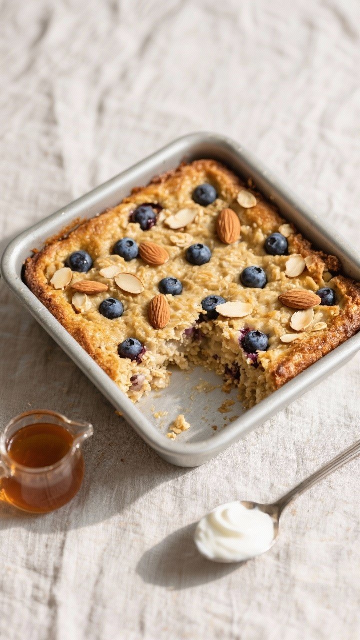 Overhead shot of freshly baked blueberry almond baked oatmeal resting in an 8x8-inch pan, golden top