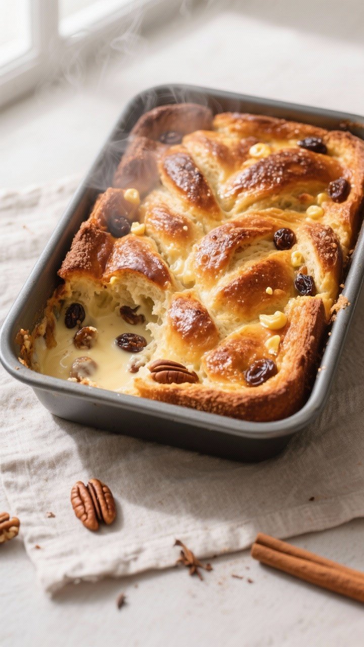 Overhead shot of freshly baked challah bread pudding in a 9x13 pan just out of the oven, golden-brow