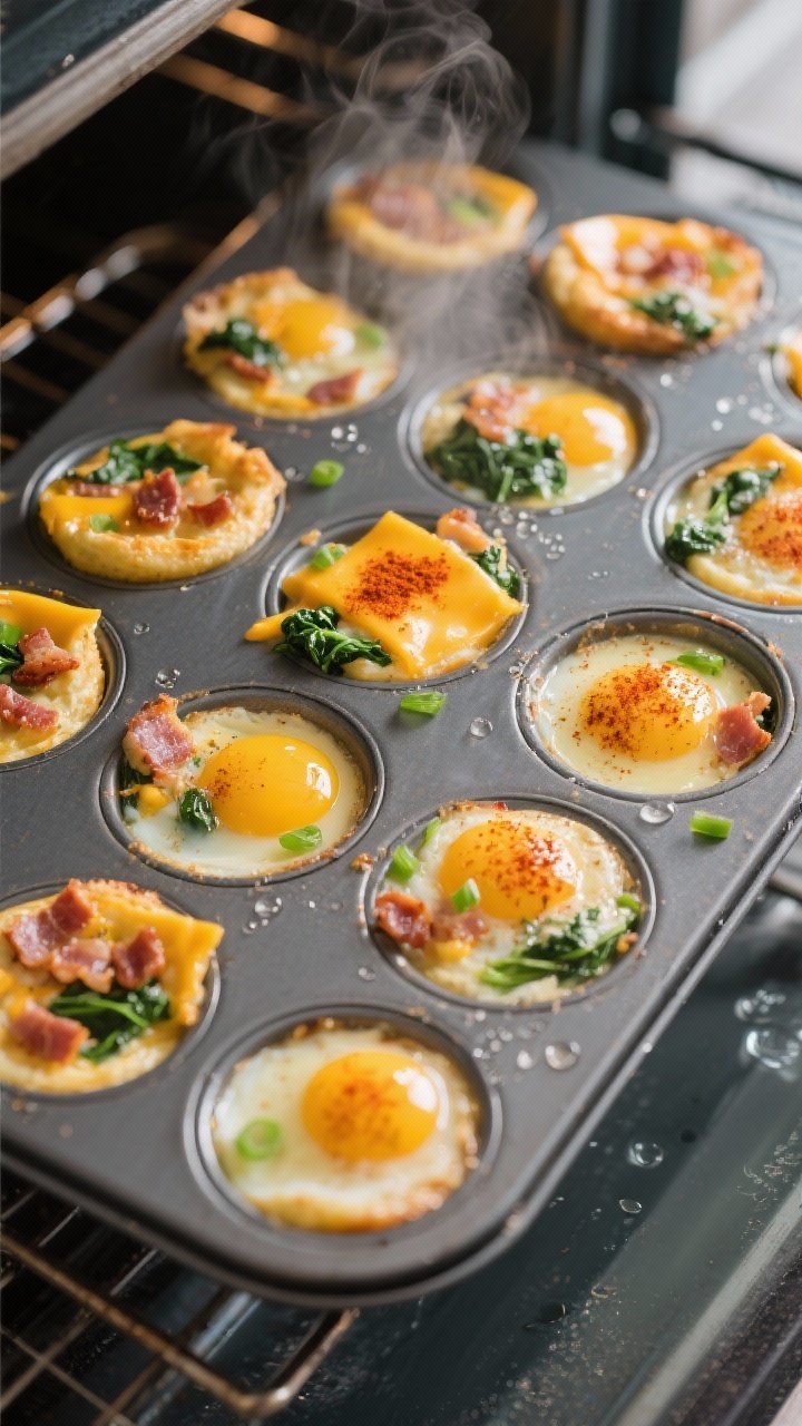 Overhead shot of freshly baked keto egg bites in a 12-cup muffin tin just lifted from a steaming wat
