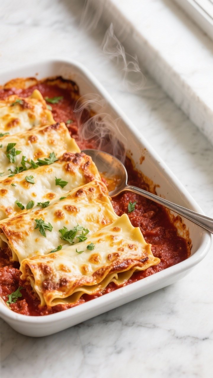 Overhead shot of freshly baked lasagna rolls in a 9x13 baking dish, arranged seam-side down and nest