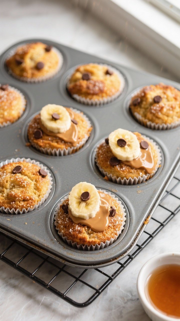 Overhead shot of freshly baked Peanut Butter Banana French Toast Muffins cooling in a 12-cup muffin 