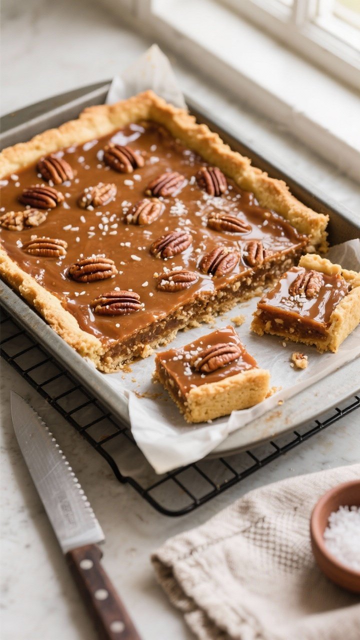Overhead shot of freshly baked pecan pie bars cooling in the pan on a wire rack, glossy caramelized 