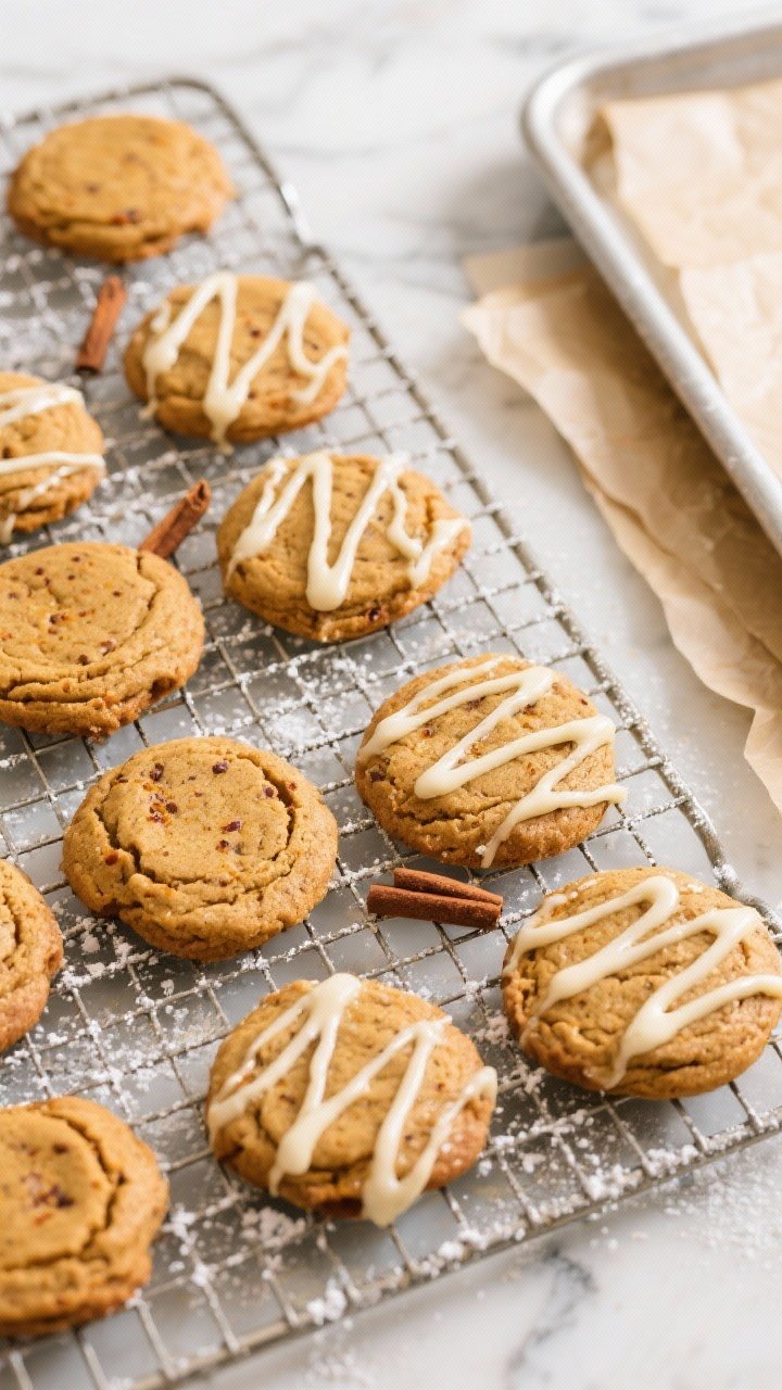 Overhead shot of freshly baked pumpkin pie cookies cooling on a wire rack, each cookie thick and sof