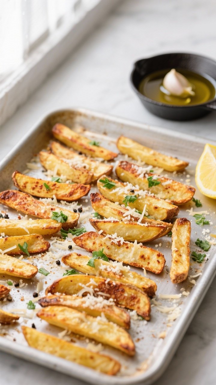 Overhead shot of golden Garlic Parmesan Oven Fries just out of the oven on a preheated rimmed sheet 