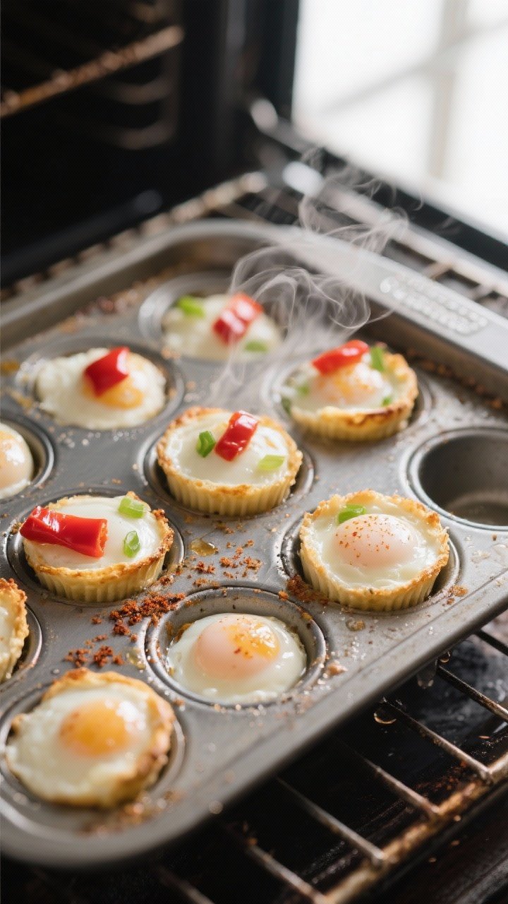 Overhead shot of just-baked egg white and red pepper bites resting in a greased muffin tin inside a