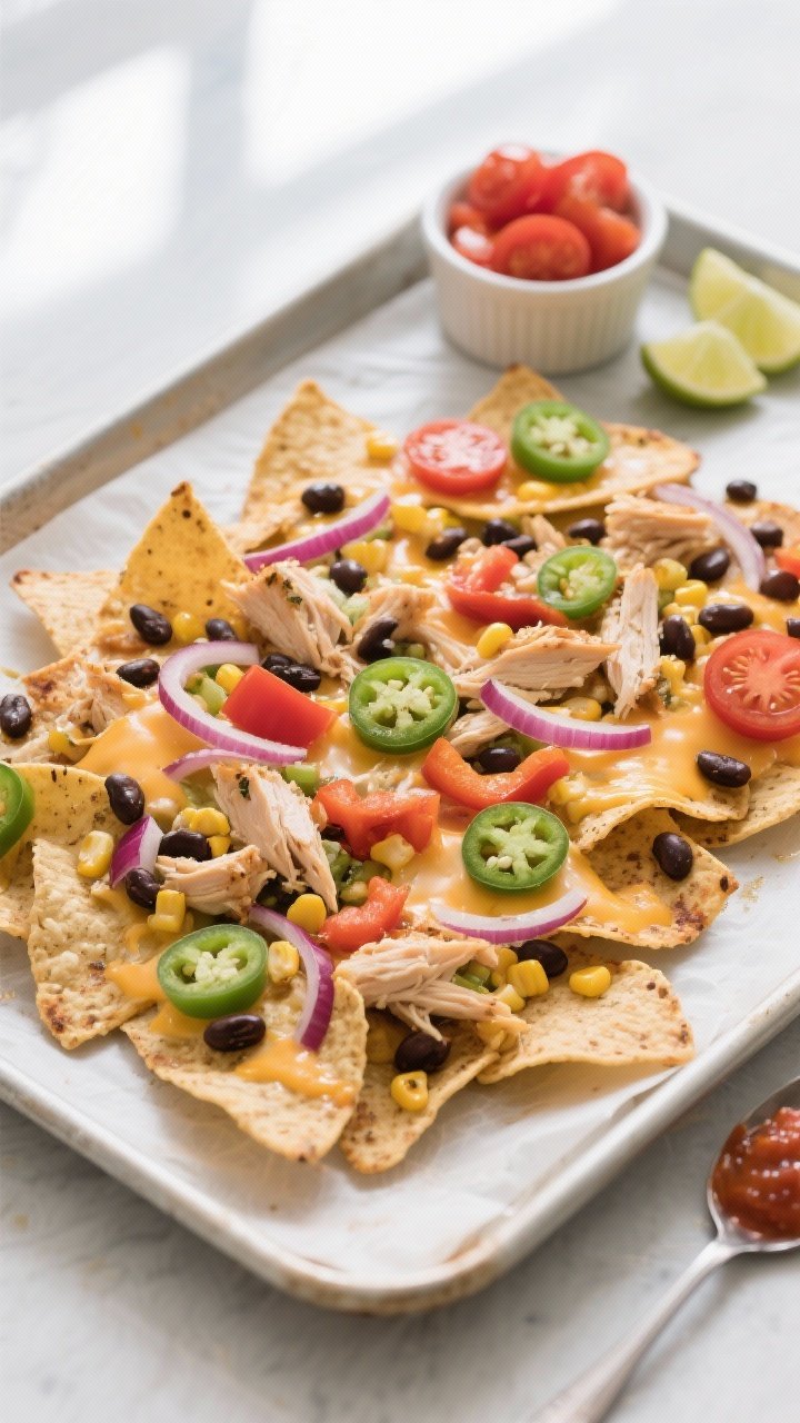 Overhead shot of low-calorie chicken nachos just out of the oven on a parchment-lined sheet pan: sin