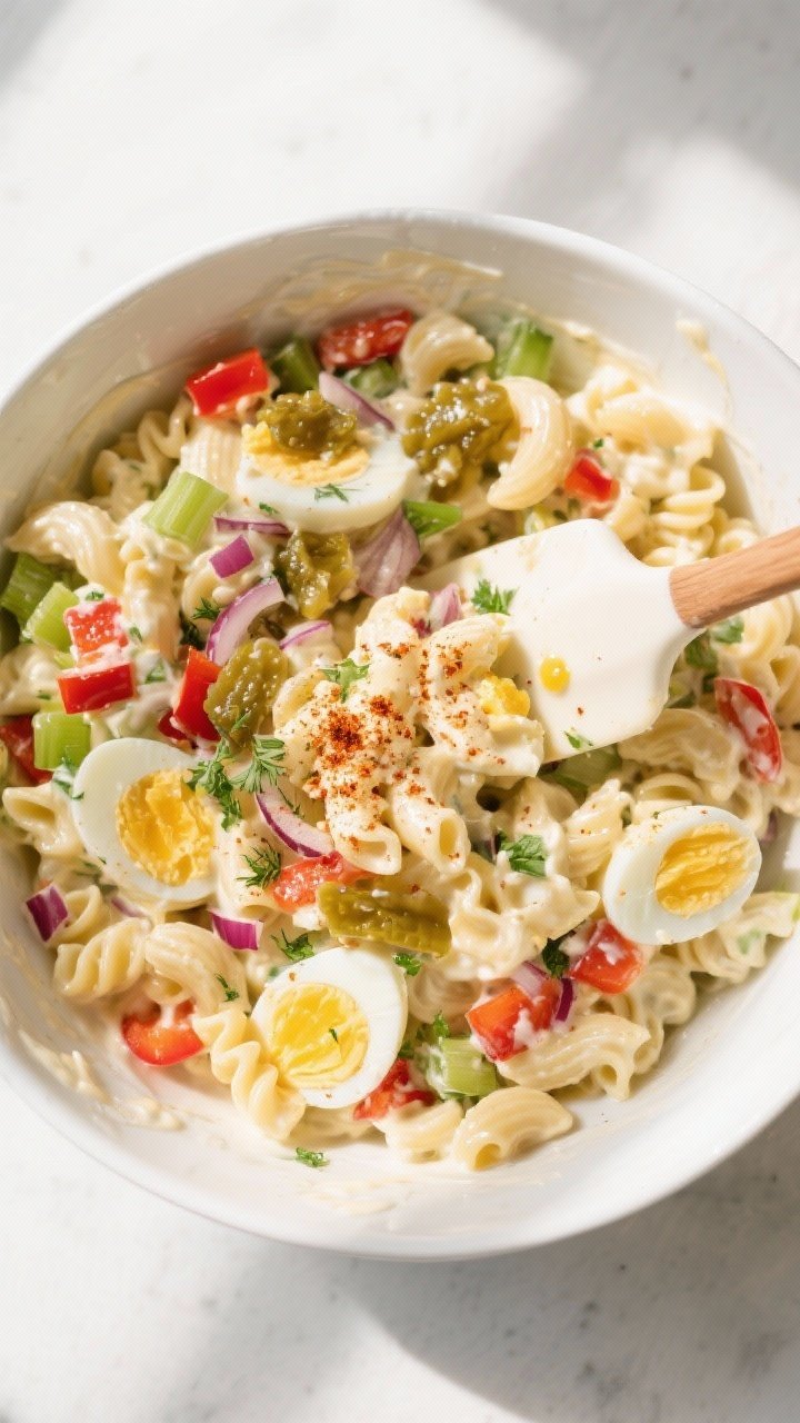 Overhead shot of old-fashioned macaroni salad just after combining: tender elbow macaroni folded int