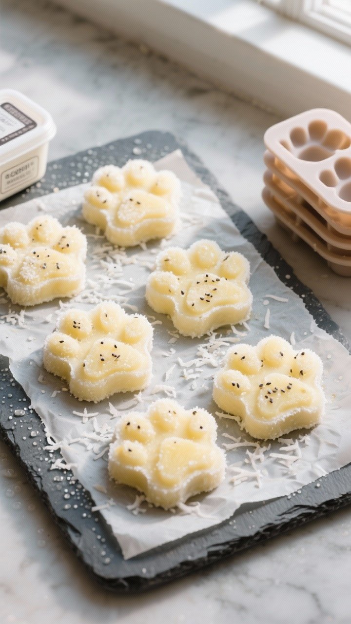 Overhead shot of prepared pineapple-yogurt dog treats just released from silicone paw-print molds, f