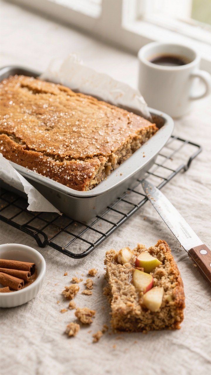 Overhead shot of the baked whole wheat apple cake cooling on a rack after being lifted from an 8-inc