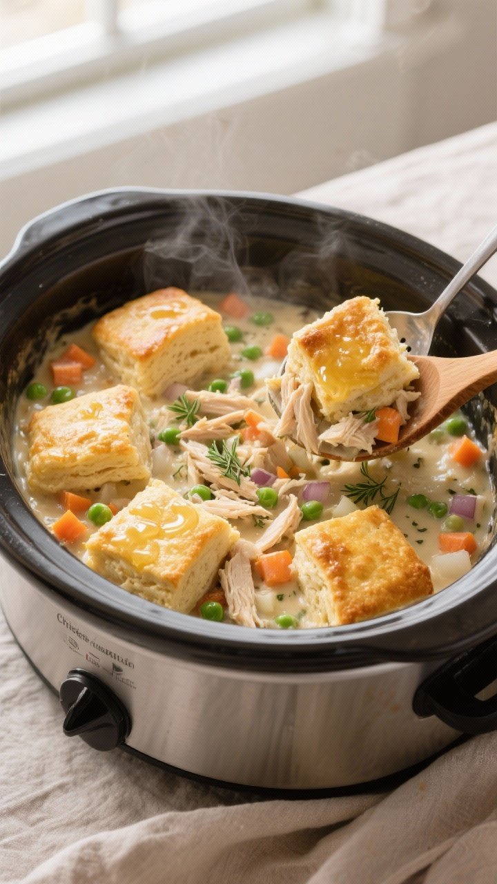 Overhead shot of the finished Crockpot Chicken and Biscuit Casserole right in the slow cooker: pillo