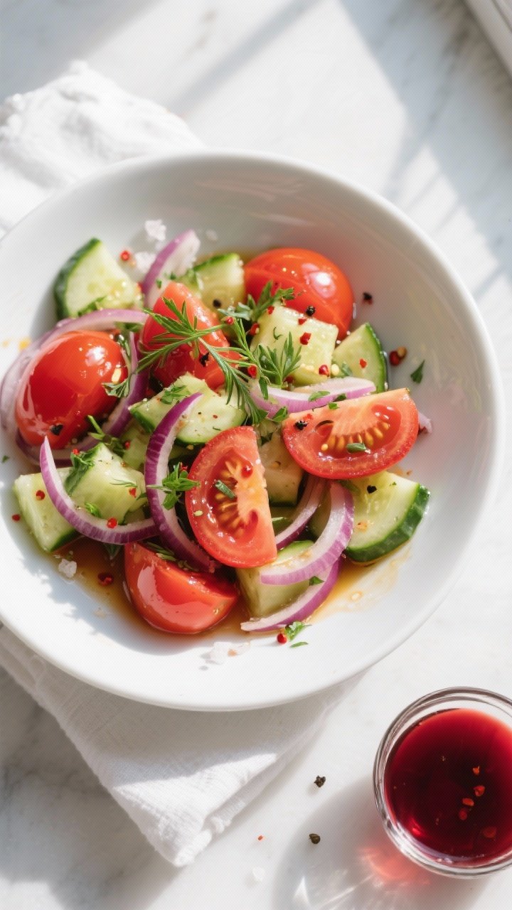 Overhead shot of the finished Cucumber Tomato Salad with Vinegar Dressing in a wide, shallow white b