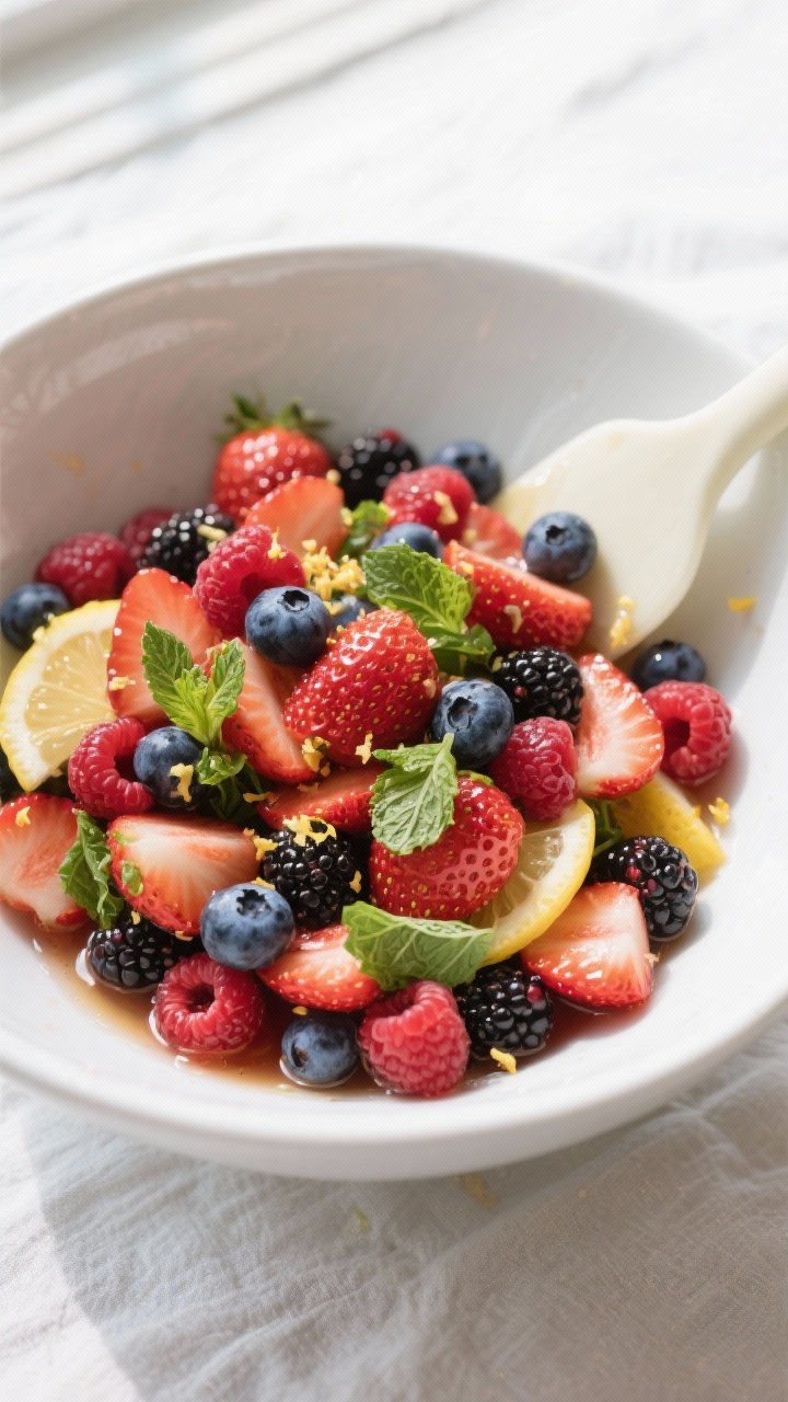 Overhead shot of the prepared Fresh Summer Berry Salad just after gentle tossing: glossy sliced stra