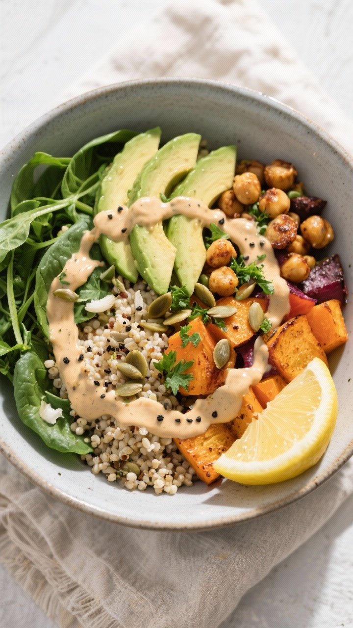 Tasty top-down final bowl: Overhead shot of a Roasted Veggie Power Bowl assembled over fluffy quinoa