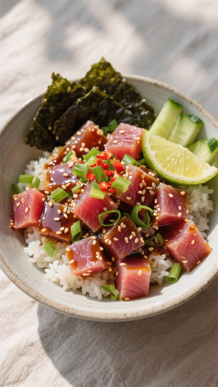 Tasty top view, final dish: Overhead shot of a finished ahi tuna poke bowl tossed in the classic soy