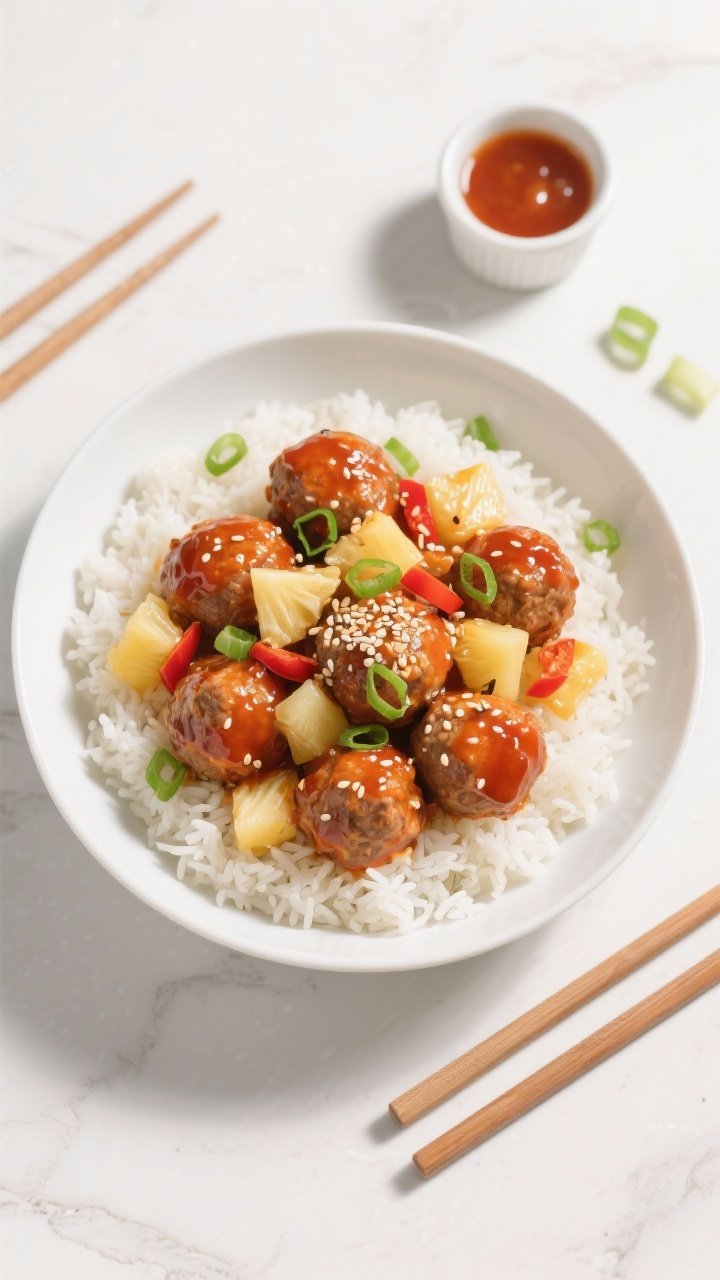 Tasty top view final dish: Overhead shot of turkey meatballs in sweet & sour sauce served over fluff