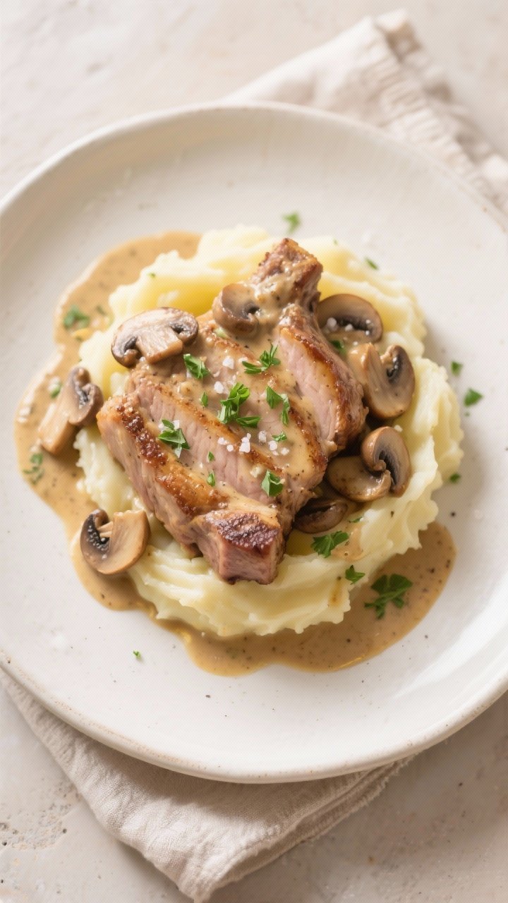 Tasty top view: Final plated Creamy Mushroom Pork Chops over buttery mashed potatoes, chops sliced t