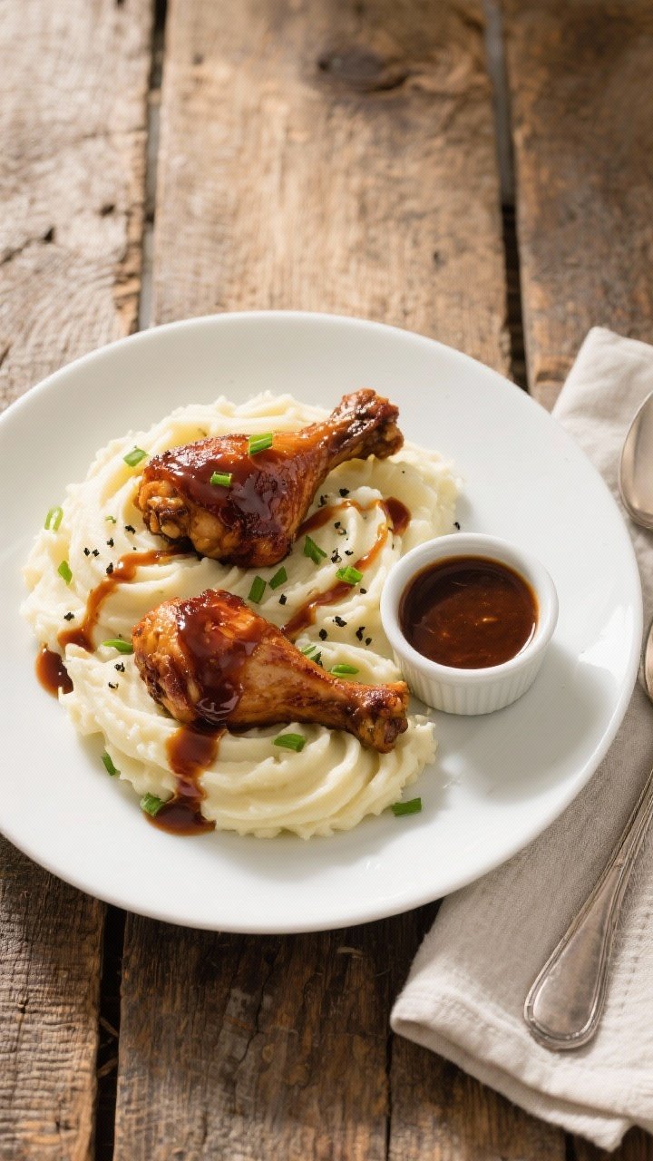 Tasty top view: Final plated Crockpot BBQ Chicken Drumsticks atop a creamy bed of garlic mashed pota