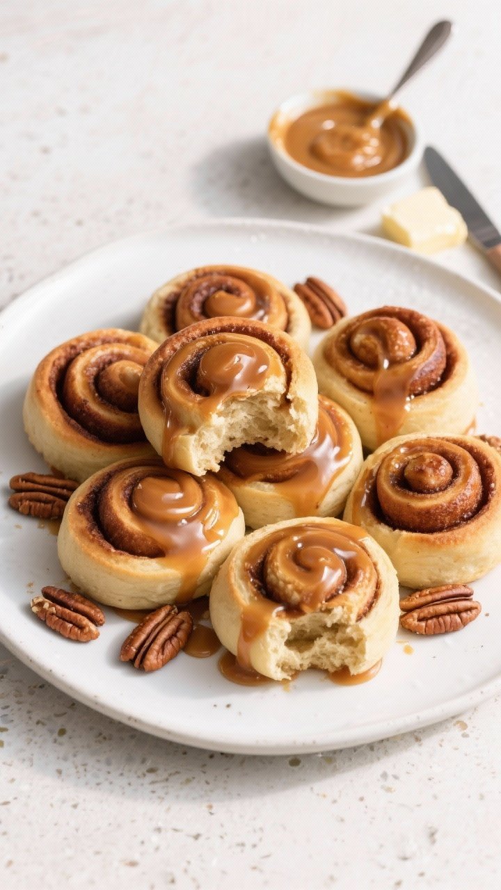 Tasty top view, final presentation: Overhead shot of a plate of inverted mini sticky cinnamon buns a