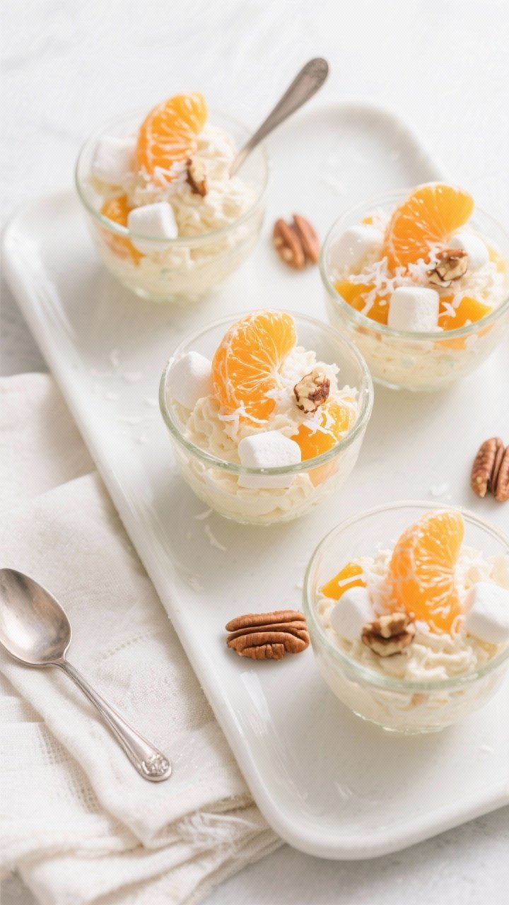 Tasty top view, final presentation: Overhead shot of Mandarin Orange Fluff Salad spooned into small