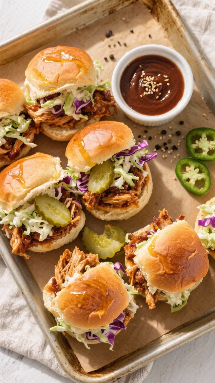 Tasty top view final presentation: Overhead shot of BBQ shredded chicken sliders on a warm-toned she