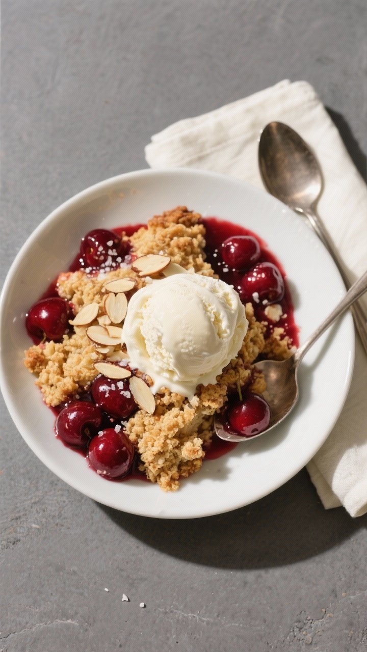 Tasty top view final presentation: Overhead shot of a warm serving of cherry dump cake spooned into 