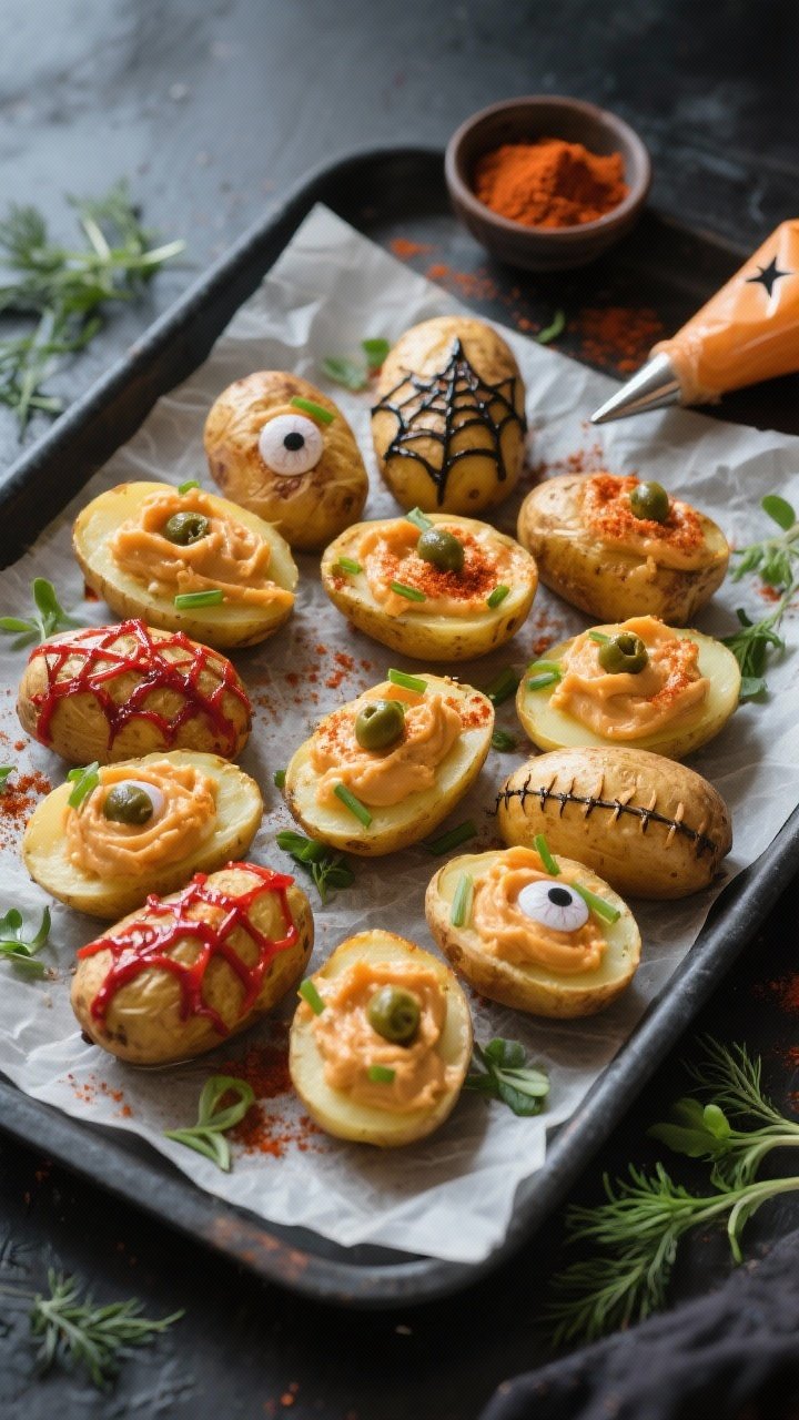 Tasty top view process shot: Overhead platter of assembled spooky vegan deviled potatoes arranged in