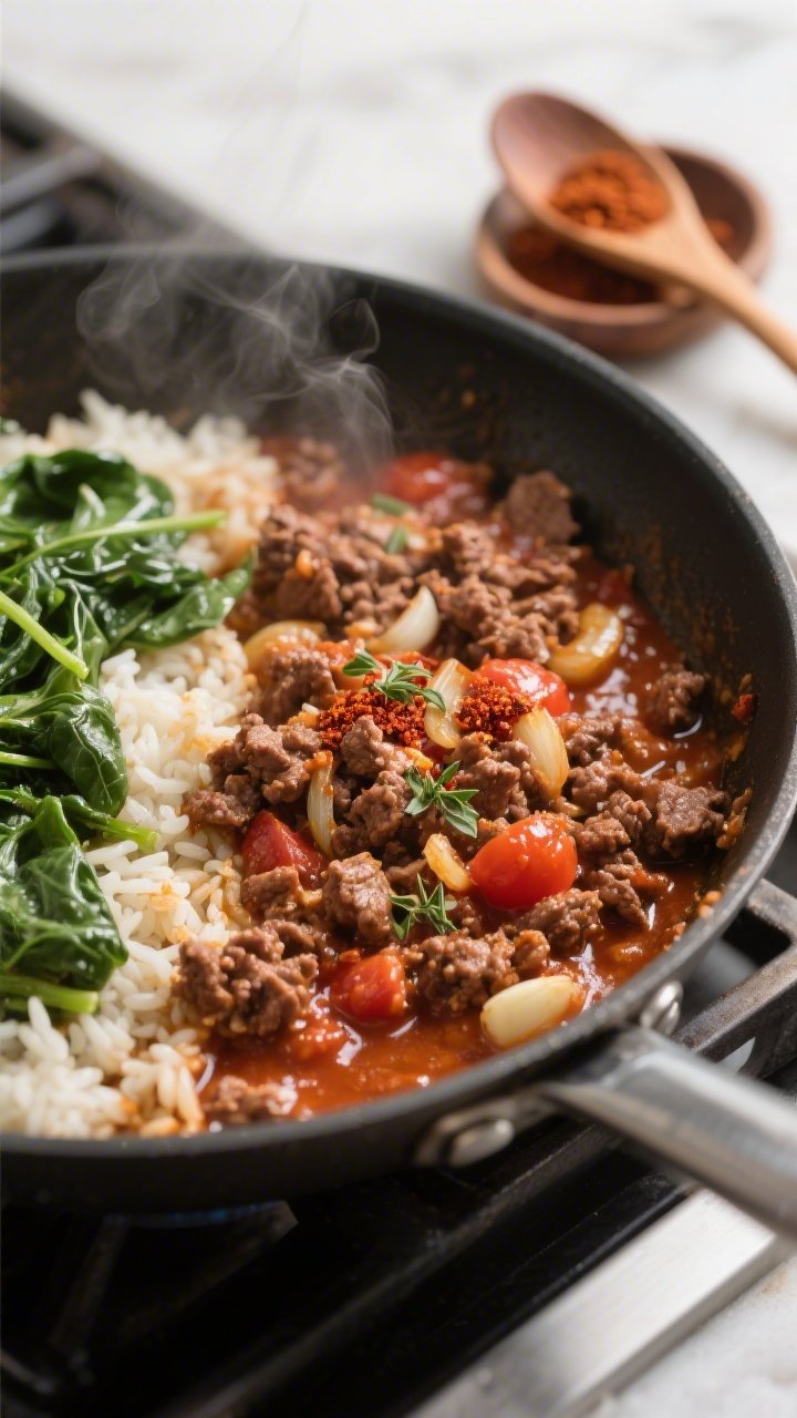 Close-up 3/4 angle process shot of a skillet on the stovetop showing the saucy beef mince mixture af