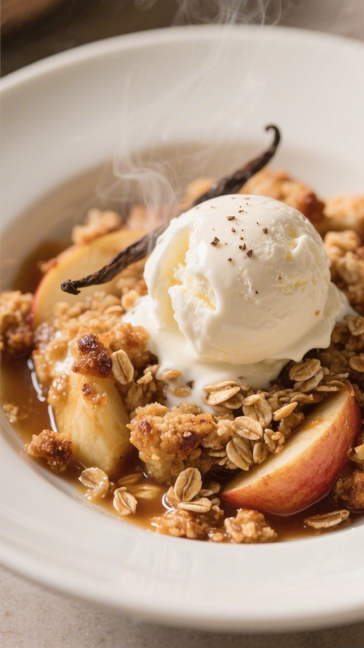 Close-up 45-degree angle of a warm serving of apple crisp scooped into a shallow white bowl, crumble
