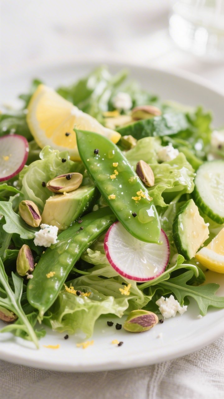 Close-up detail: A just-tossed Fresh Spring Green Salad glistening with silky lemon–Dijon vinaigre