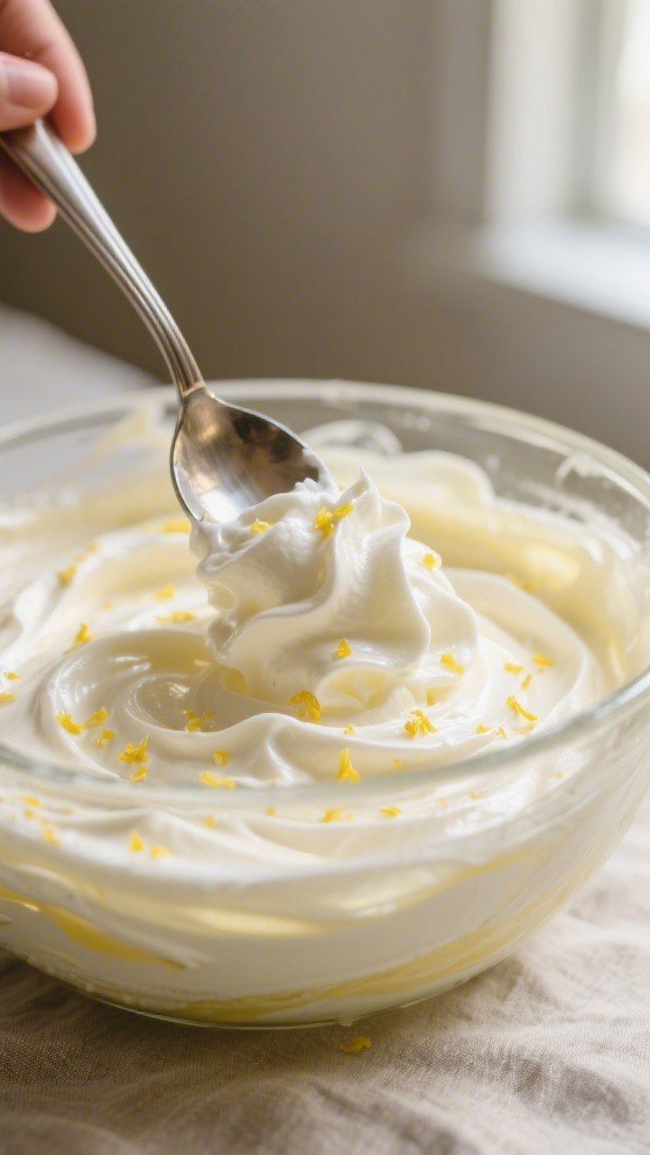 Close-up detail: A spoon gently folding glossy, soft-peak whipped cream into a silky lemon-cream bas