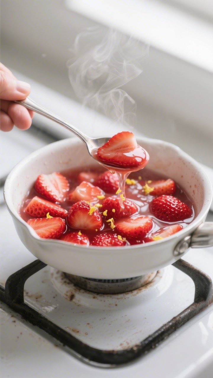 Close-up detail, cooking process: A small saucepan of glossy strawberry topping mid-simmer, ruby-red