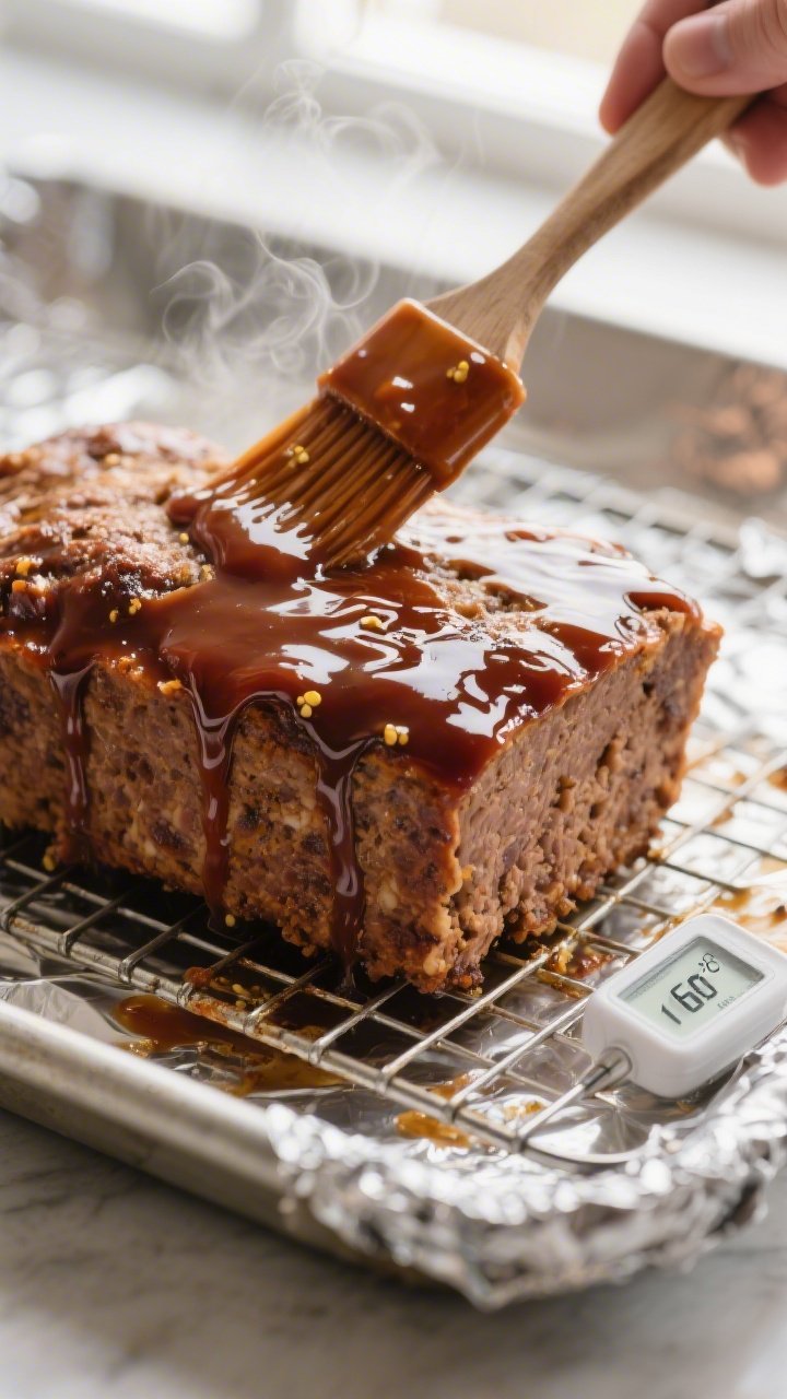 Close-up detail, cooking process: Glazed BBQ meatloaf mid-bake on a wire rack over a foil-lined shee