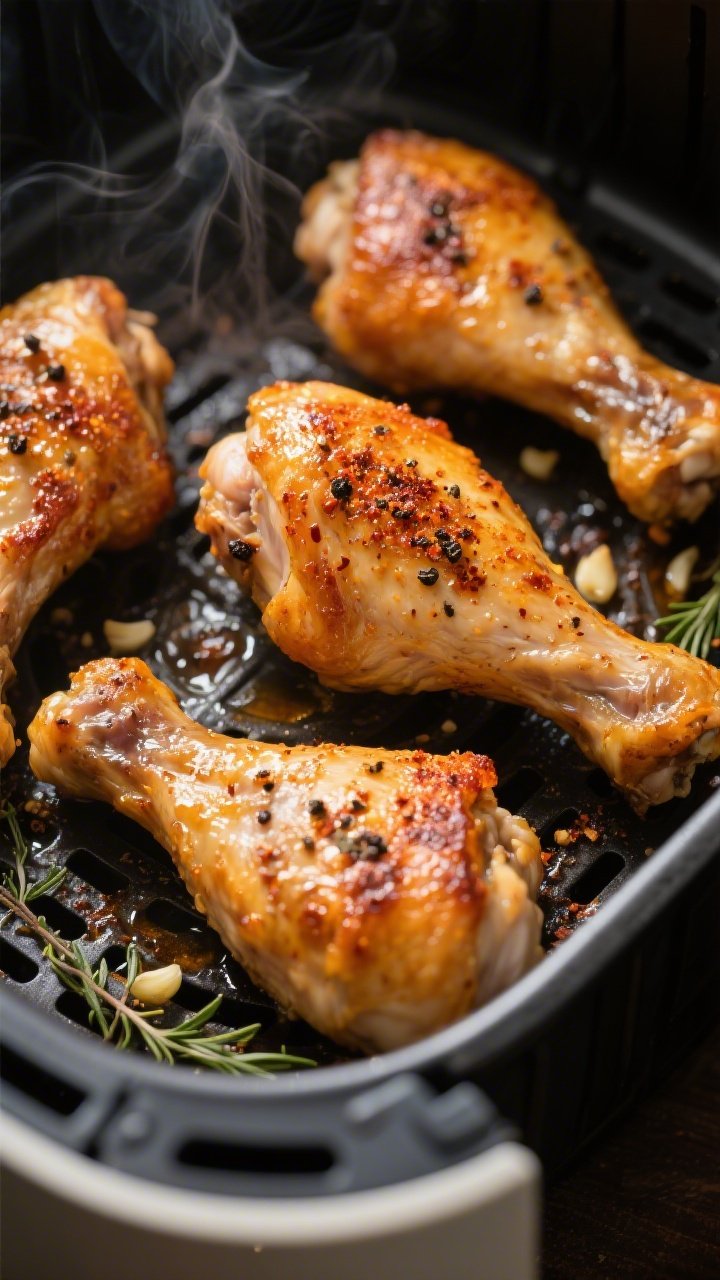 Close-up detail/cooking process: Golden-brown air fryer chicken leg quarters just after the flip, sk