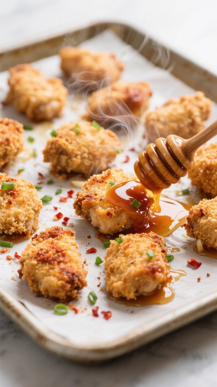 Close-up detail, cooking process: Golden, oven-baked hot honey chicken bites just out of a 425°F ov