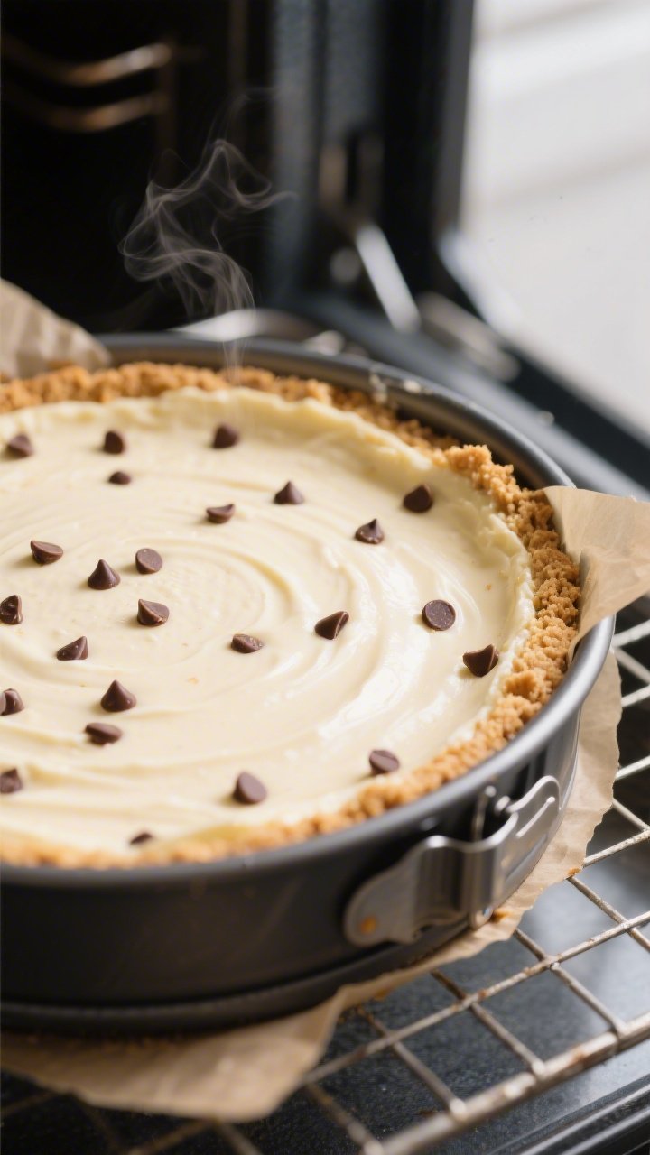 Close-up detail of a freshly baked chocolate chip ricotta cheesecake still in the springform pan, ed