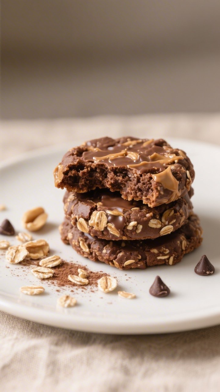Close-up detail of a plated stack of Peanut Butter Chocolate No-Bake Cookies on a matte white desser