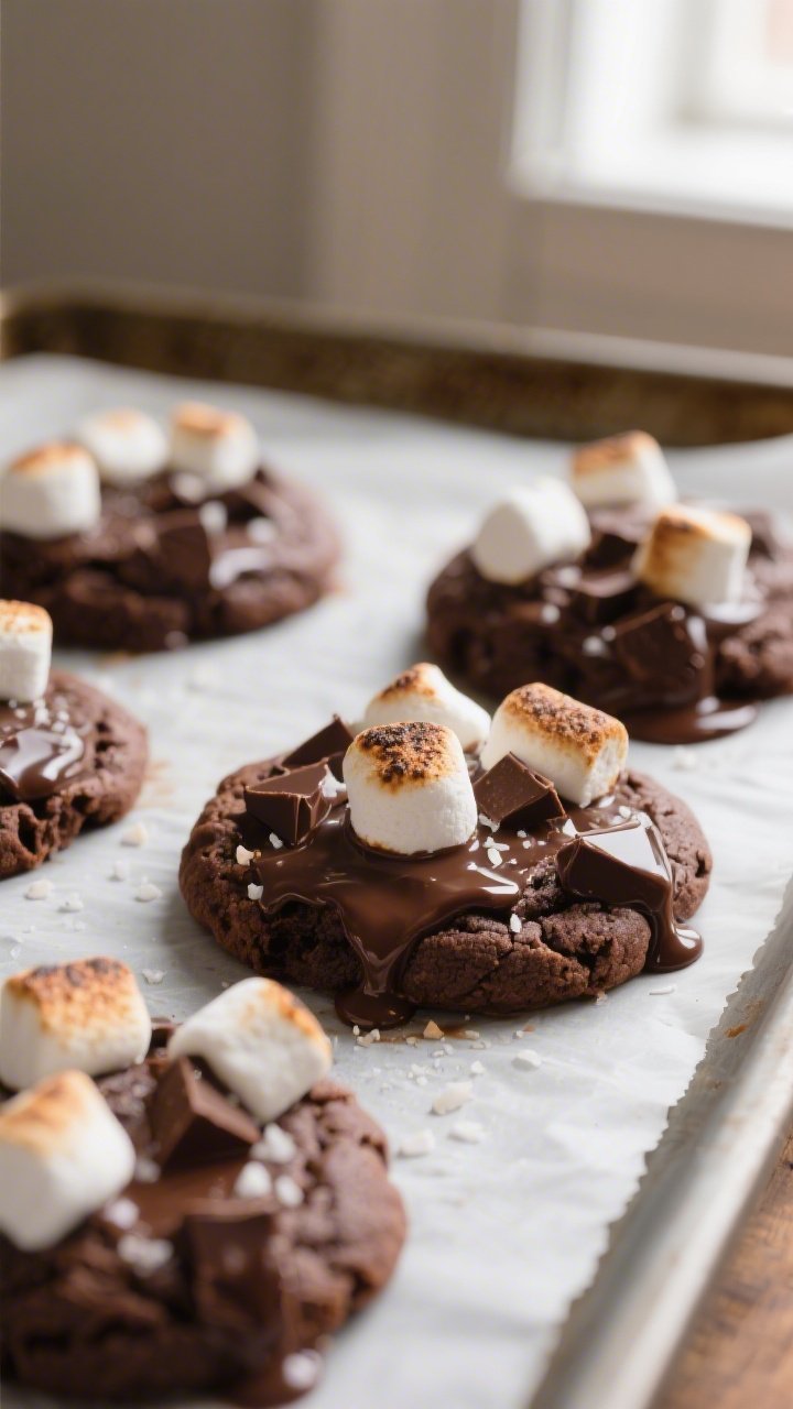 Close-up detail of freshly baked Double Chocolate Hot Cocoa Cookies just out of the oven as marshmal
