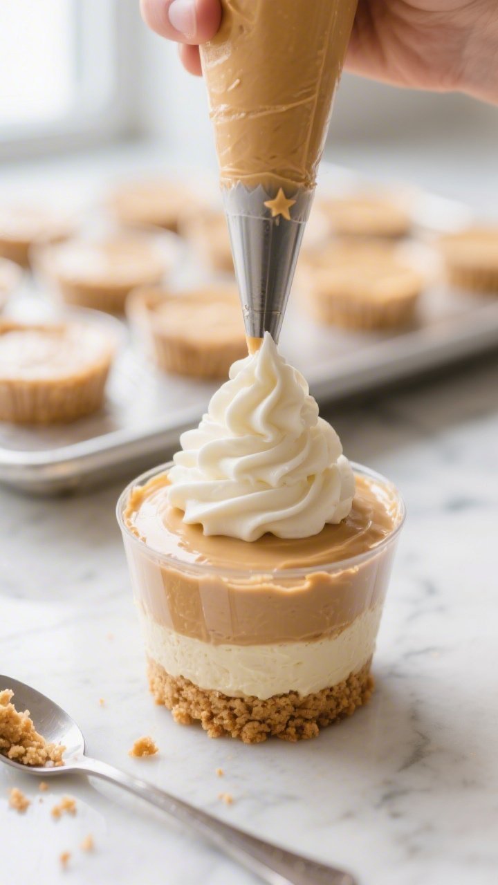 Close-up detail shot of a prepared peanut butter cheesecake cup mid-assembly: a clear 8 oz tumbler w