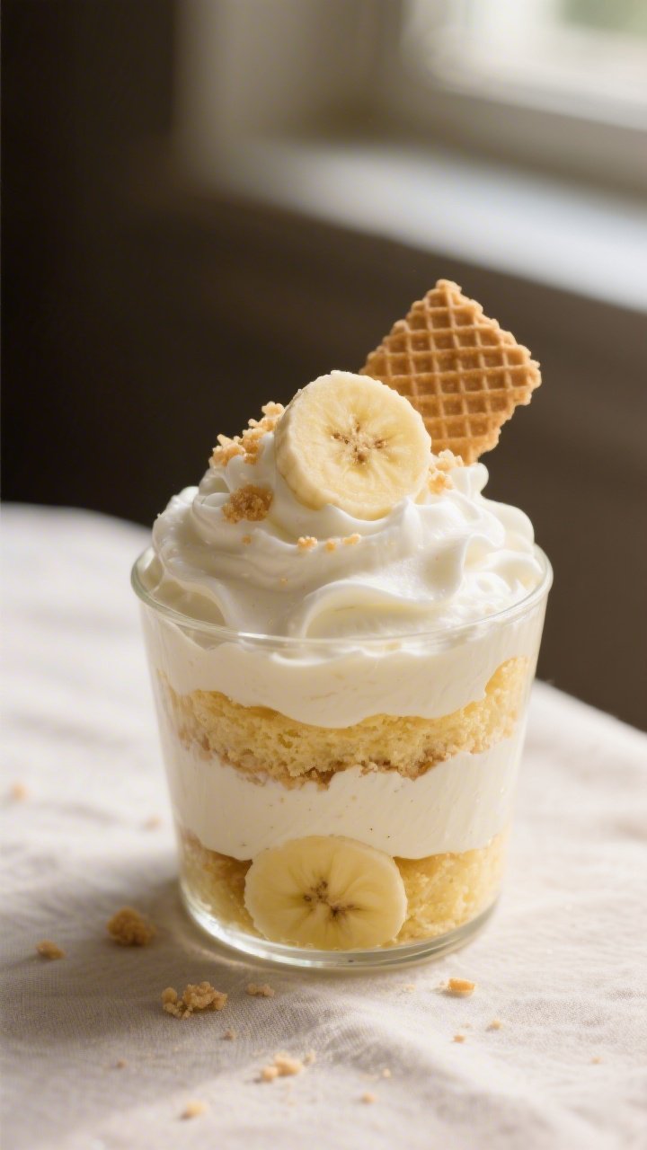 Close-up detail shot of the final layered Magnolia-style banana pudding scooped into a clear glass d