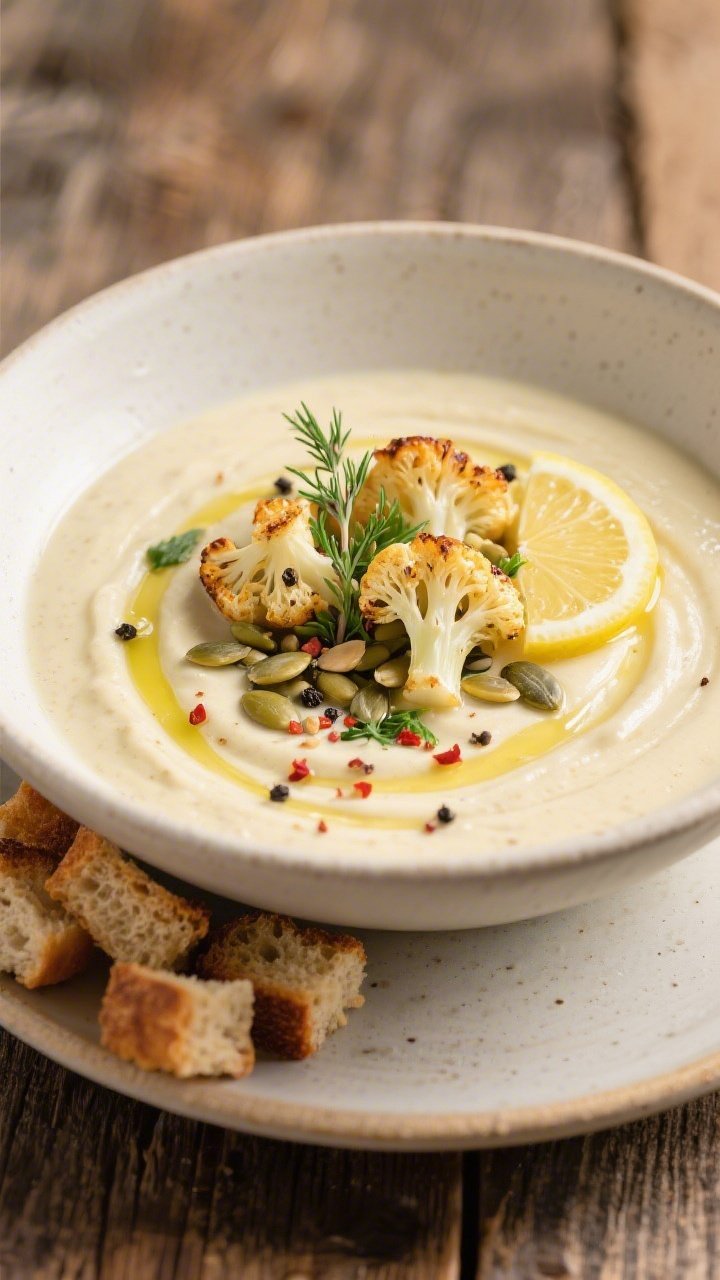 Close-up, final plated bowl of roasted cauliflower soup with herbs, ultra-creamy surface swirled; fi