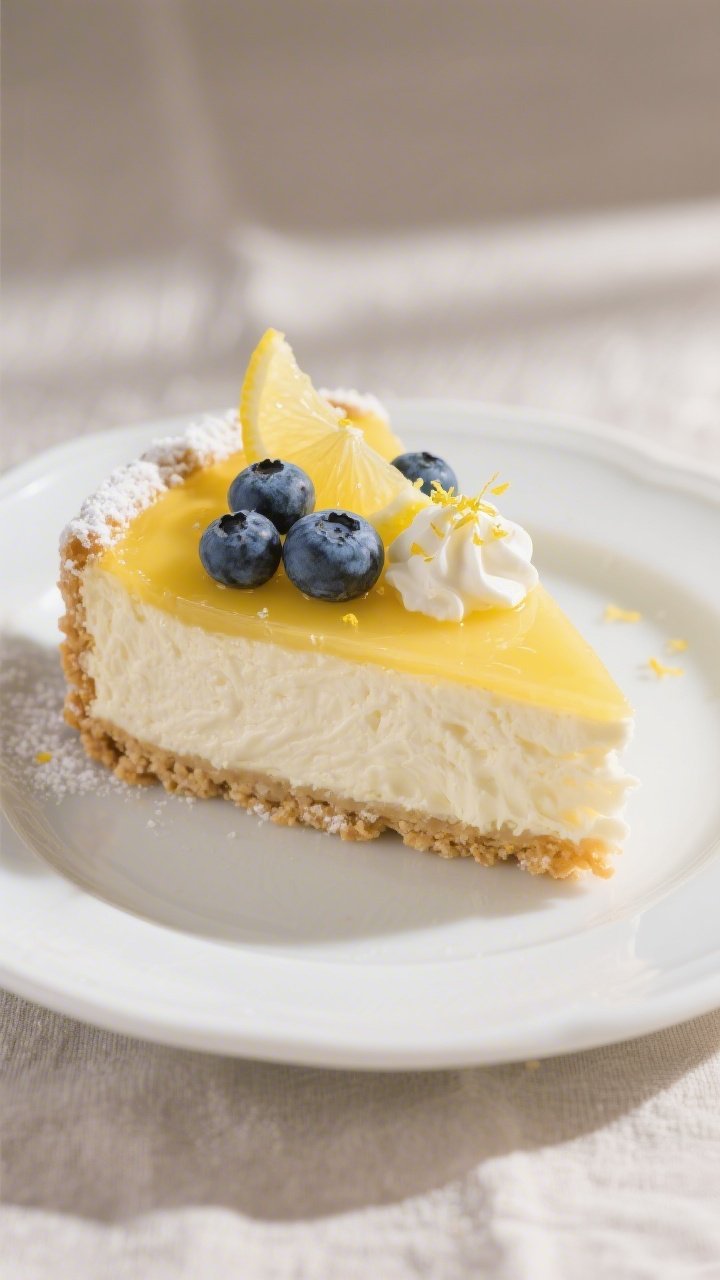 Close-up final presentation of a chilled lemon ricotta cheesecake slice on a white ceramic plate, ul