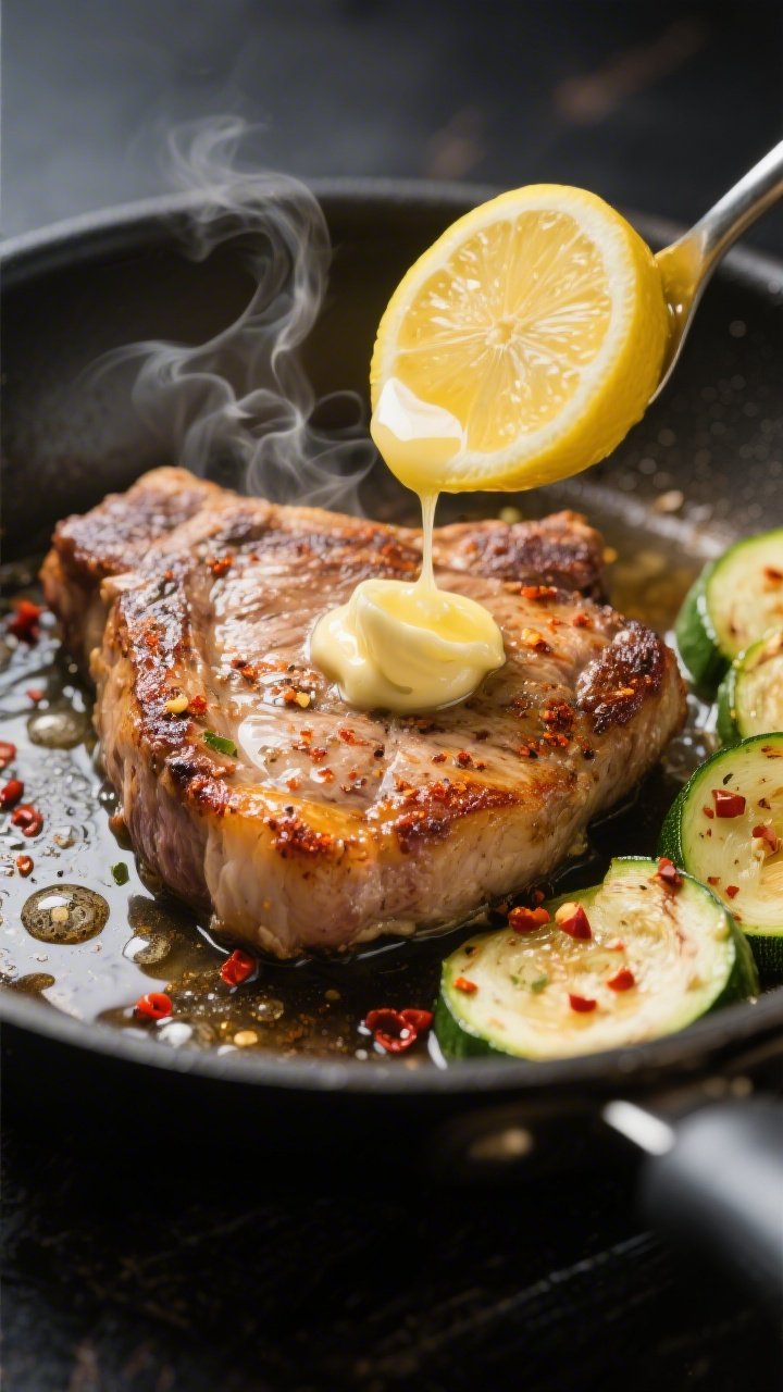 Close-up, in-pan action shot of seared pork chops being basted with melted garlic butter in a heavy 