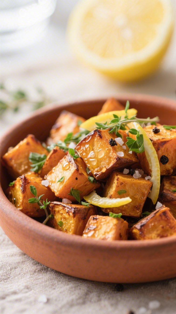 Close-up, of the final plated Garlic Herb Roasted Sweet Potatoes in a warm ceramic bowl: crisp, gold