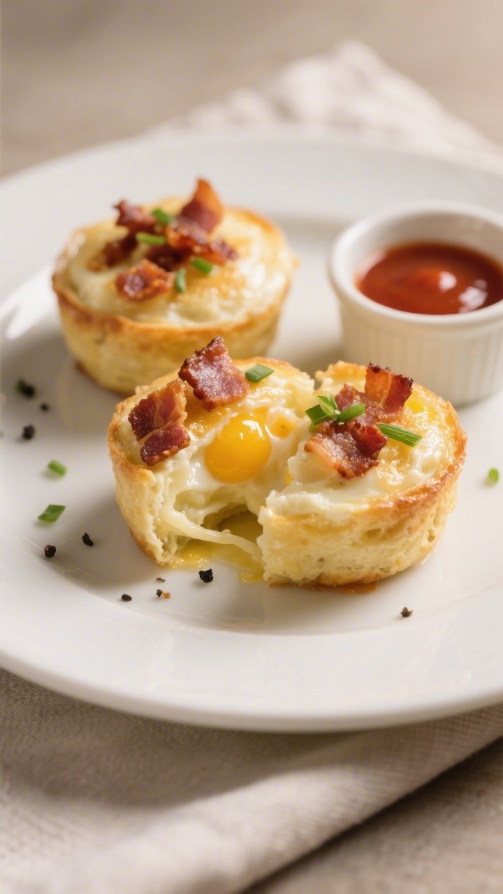 Close-up plated final presentation of two Bacon & Gruyere egg bites on a matte white plate, cut into