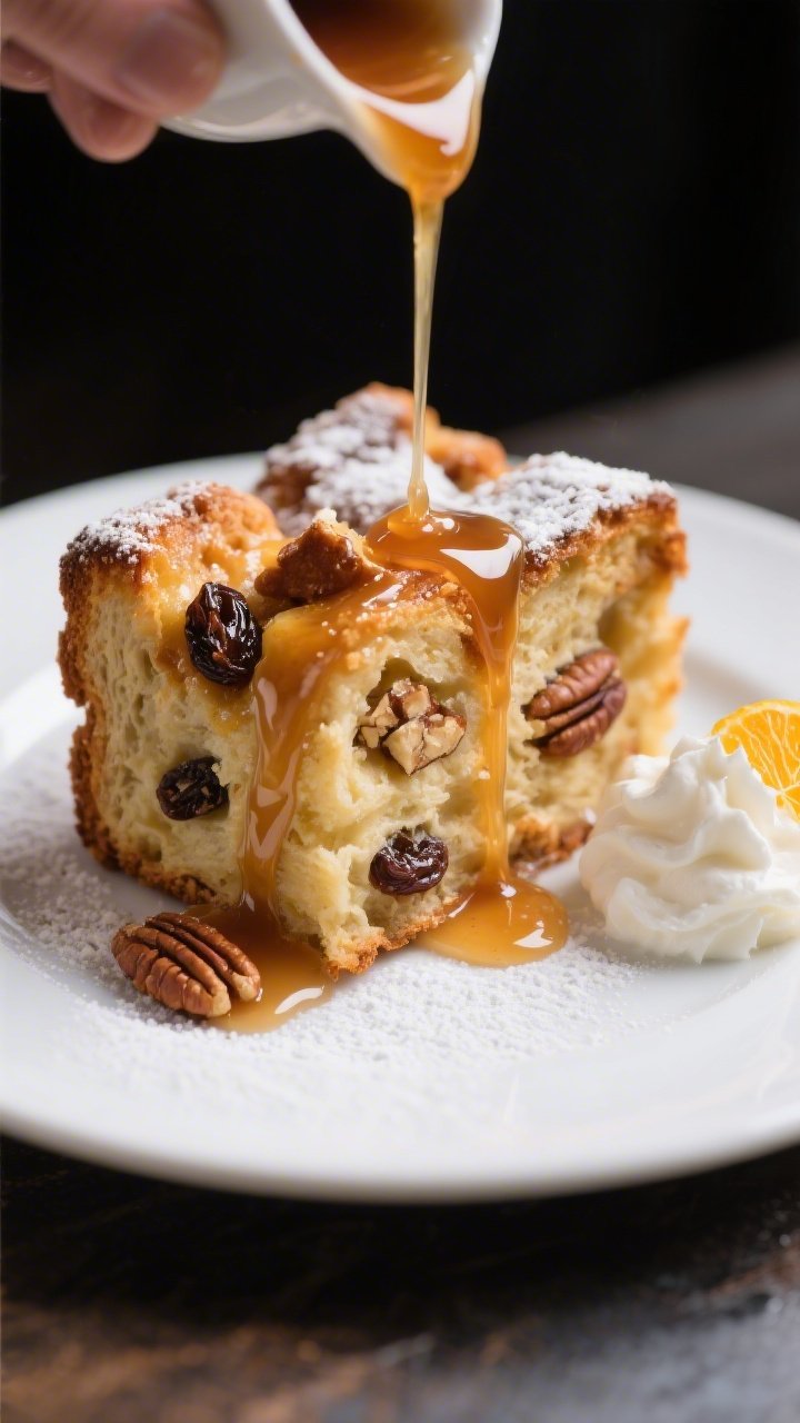 Close-up plated slice of classic Southern bread pudding on a simple white plate, richly custardy int