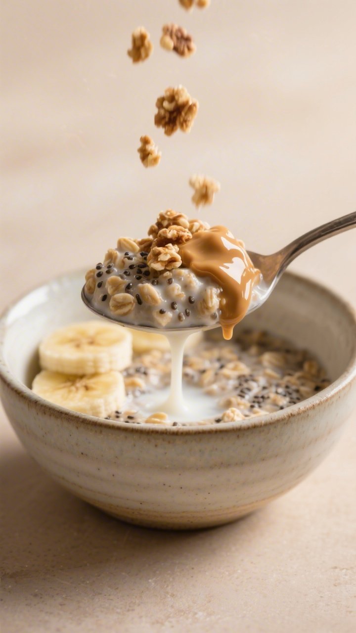 Close-up, process scene: the chilled overnight oats being loosened with a splash of milk and stirred
