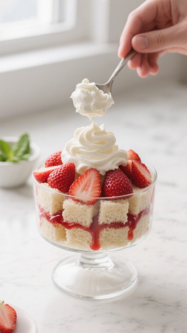Close-up process shot: Angel food cake cubes being layered into a clear trifle bowl, topped with glo