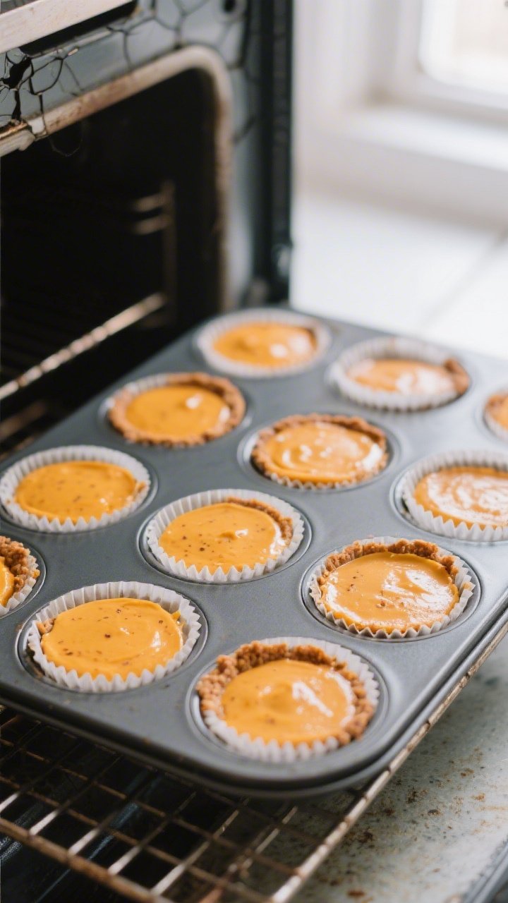 Close-up process shot: freshly baked mini pumpkin cheesecakes still in a lined 12-cup muffin pan, ce