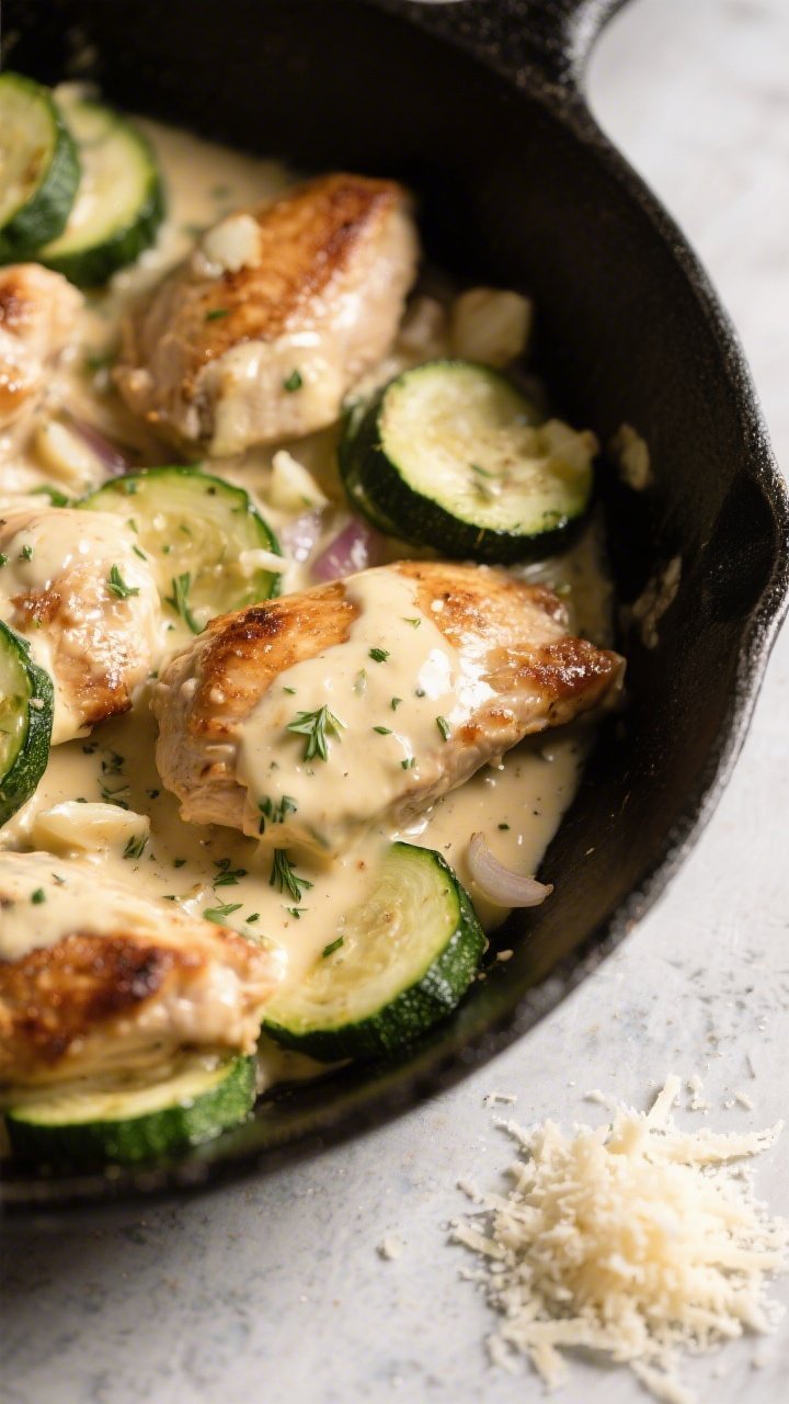 Close-up process shot in a skillet: sautéed zucchini half-moons and browned, juicy chicken pieces c