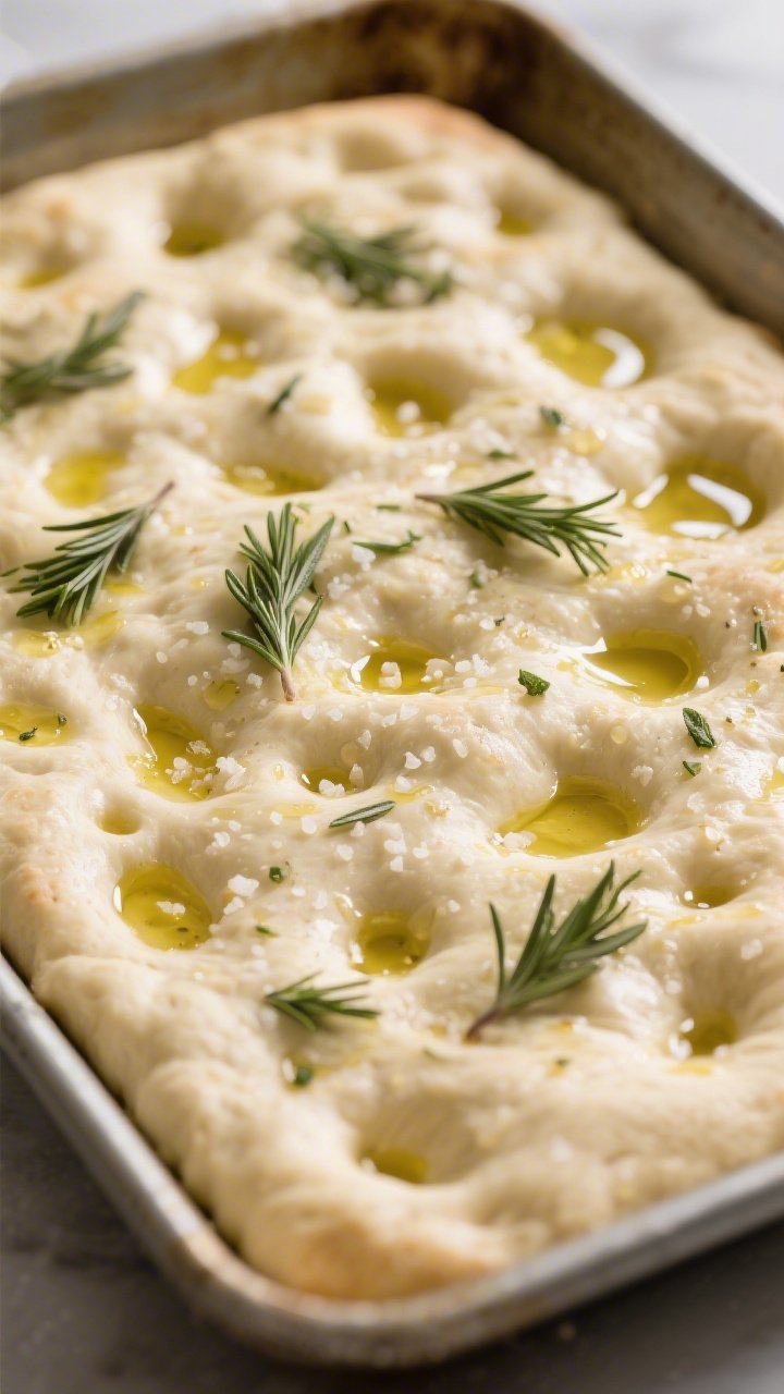 Close-up process shot of the final dimpling stage before baking: fully proofed, jiggly focaccia doug
